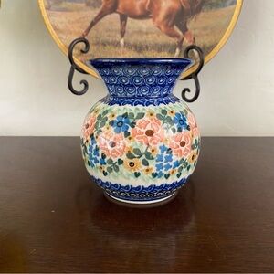 Vintage Unikat Polish Pottery Floral Vase 4.25” Starzyk Hand Painted Stoneware
